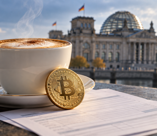Cappuccino und goldene Bitcoin-Münze auf symbolischen Steuerunterlagen vor dem Berliner Reichstagsgebäude.