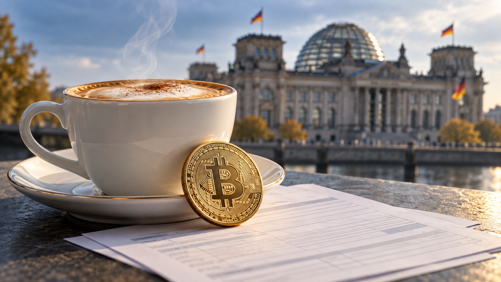 Cappuccino und goldene Bitcoin-Münze auf symbolischen Steuerunterlagen vor dem Berliner Reichstagsgebäude.