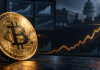 Goldene Bitcoin-Münze vor einer stilisierten Kursgrafik und einem US-Regierungsgebäude