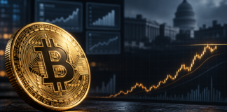 Bitcoin über 82.800 Dollar: Reicht das für die Trendwende? Goldene Bitcoin-Münze vor einer stilisierten Kursgrafik und einem US-Regierungsgebäude