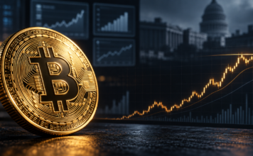 Goldene Bitcoin-Münze vor einer stilisierten Kursgrafik und einem US-Regierungsgebäude