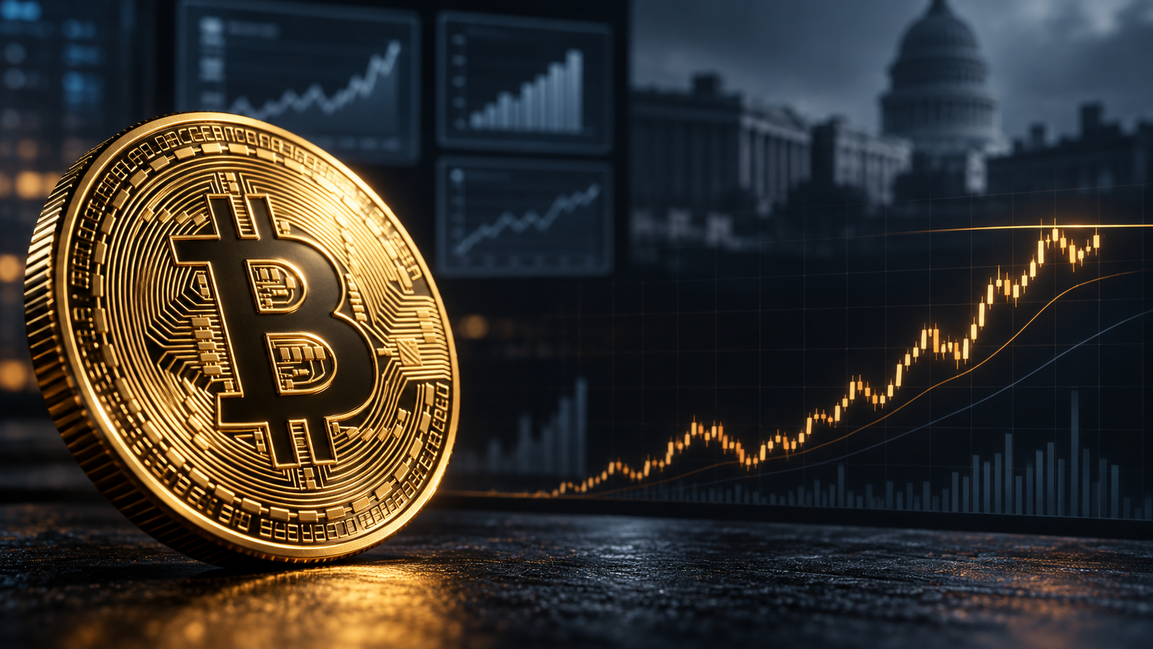 Goldene Bitcoin-Münze vor einer stilisierten Kursgrafik und einem US-Regierungsgebäude