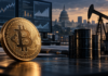 Bitcoin-Münze neben Ölfässern und einer Förderpumpe, im Hintergrund US-Konjunkturgrafiken und das Kapitol.