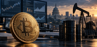 Bitcoin-Münze neben Ölfässern und einer Förderpumpe, im Hintergrund US-Konjunkturgrafiken und das Kapitol.