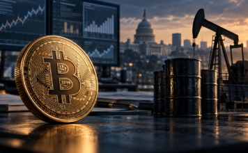 Bitcoin-Münze neben Ölfässern und einer Förderpumpe, im Hintergrund US-Konjunkturgrafiken und das Kapitol.