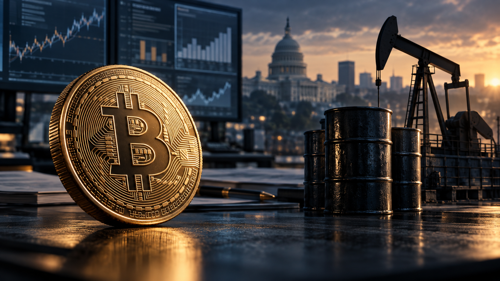 Bitcoin-Münze neben Ölfässern und einer Förderpumpe, im Hintergrund US-Konjunkturgrafiken und das Kapitol.