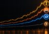 Dunkles Kurschart im Bloomberg-Stil: Zcash, Monero und Dash steigen in den vergangenen Wochen deutlich stärker als Bitcoin.