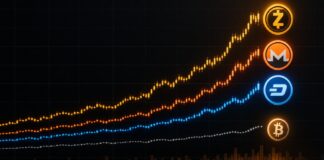 Dunkles Kurschart im Bloomberg-Stil: Zcash, Monero und Dash steigen in den vergangenen Wochen deutlich stärker als Bitcoin.