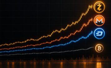 Dunkles Kurschart im Bloomberg-Stil: Zcash, Monero und Dash steigen in den vergangenen Wochen deutlich stärker als Bitcoin.