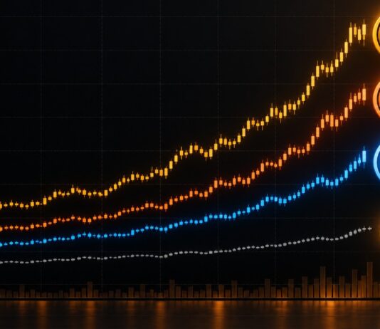 Dunkles Kurschart im Bloomberg-Stil: Zcash, Monero und Dash steigen in den vergangenen Wochen deutlich stärker als Bitcoin.