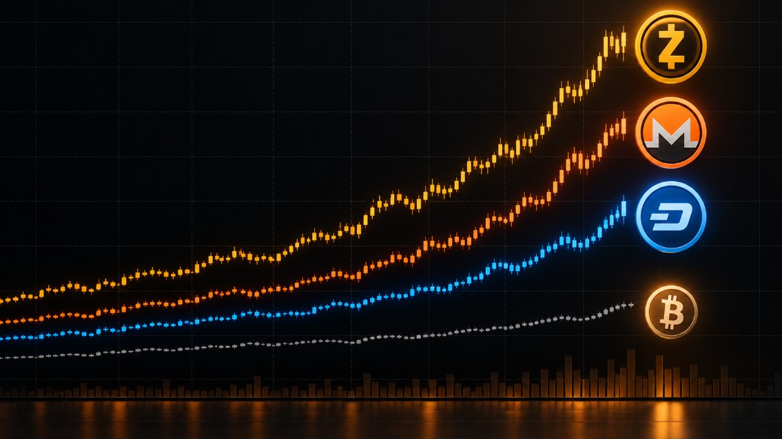 Dunkles Kurschart im Bloomberg-Stil: Zcash, Monero und Dash steigen in den vergangenen Wochen deutlich stärker als Bitcoin.