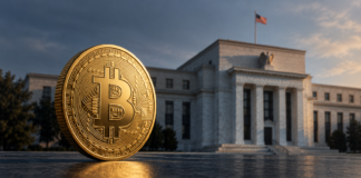 Bitcoin steigt wieder auf 85.000 Dollar: US-Inflation überrascht positiv Goldene Bitcoin-Münze vor dem Gebäude der US-Notenbank mit amerikanischer Flagge.