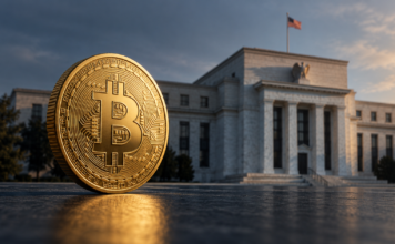Bitcoin steigt wieder auf 85.000 Dollar: US-Inflation überrascht positiv Goldene Bitcoin-Münze vor dem Gebäude der US-Notenbank mit amerikanischer Flagge.