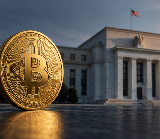 Goldene Bitcoin-Münze vor dem Gebäude der US-Notenbank mit amerikanischer Flagge.
