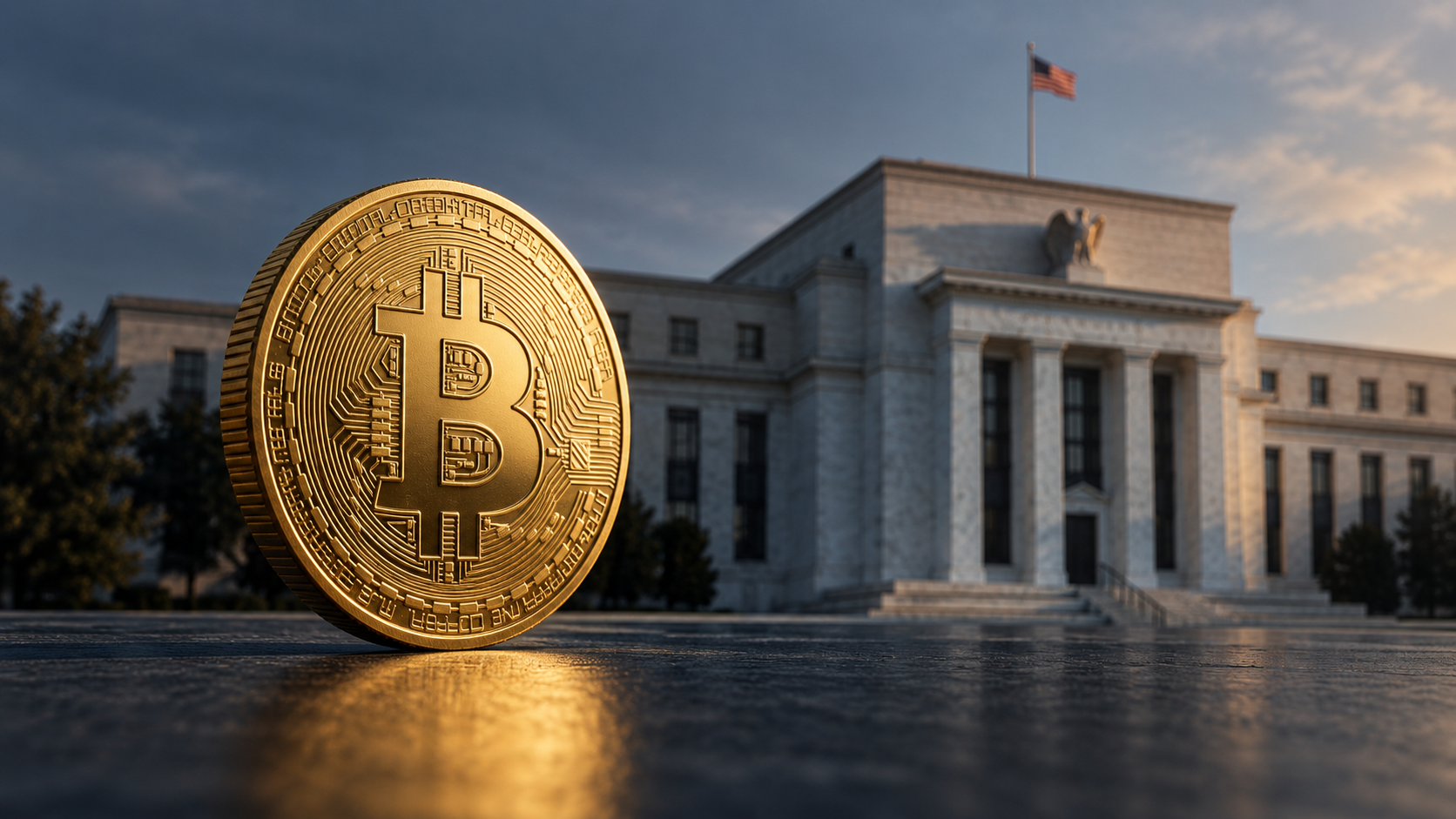 Goldene Bitcoin-Münze vor dem Gebäude der US-Notenbank mit amerikanischer Flagge.