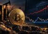 Bitcoin vor Ölpumpe und US-Finanzgebäude mit steigender roter Marktlinie
