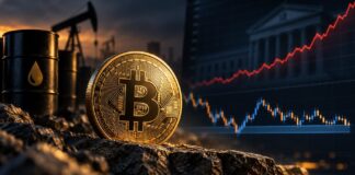 Bitcoin vor Ölpumpe und US-Finanzgebäude mit steigender roter Marktlinie