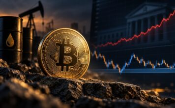 Bitcoin vor Ölpumpe und US-Finanzgebäude mit steigender roter Marktlinie