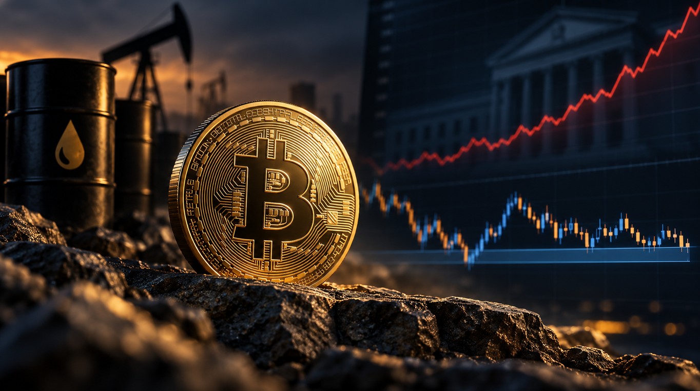 Bitcoin vor Ölpumpe und US-Finanzgebäude mit steigender roter Marktlinie