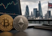 Bitcoin- und Ethereum-Münzen vor einem Laptop mit Krypto-Kurschart und Londoner Skyline im Hintergrund