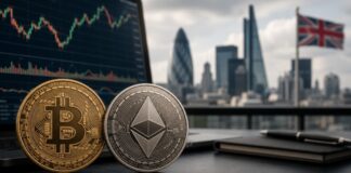 Bitcoin- und Ethereum-Münzen vor einem Laptop mit Krypto-Kurschart und Londoner Skyline im Hintergrund