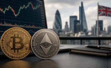 Bitcoin- und Ethereum-Münzen vor einem Laptop mit Krypto-Kurschart und Londoner Skyline im Hintergrund