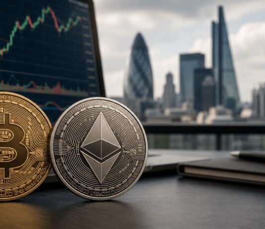 Bitcoin- und Ethereum-Münzen vor einem Laptop mit Krypto-Kurschart und Londoner Skyline im Hintergrund