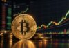 Goldene Bitcoin-Münze vor einem ansteigenden Kurschart auf dunklem Trading-Screen, als Symbol für eine mögliche starke Bitcoin-Rallye.