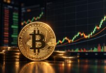 Tom Lee: Bitcoin steht vor „größter Rallye unseres Lebens“ Goldene Bitcoin-Münze vor einem ansteigenden Kurschart auf dunklem Trading-Screen, als Symbol für eine mögliche starke Bitcoin-Rallye.
