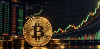 Goldene Bitcoin-Münze vor einem ansteigenden Kurschart auf dunklem Trading-Screen, als Symbol für eine mögliche starke Bitcoin-Rallye.