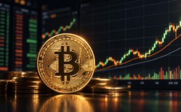 Goldene Bitcoin-Münze vor einem ansteigenden Kurschart auf dunklem Trading-Screen, als Symbol für eine mögliche starke Bitcoin-Rallye.