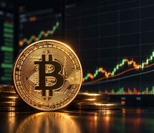 Tom Lee: Bitcoin steht vor „größter Rallye unseres Lebens“ Goldene Bitcoin-Münze vor einem ansteigenden Kurschart auf dunklem Trading-Screen, als Symbol für eine mögliche starke Bitcoin-Rallye.