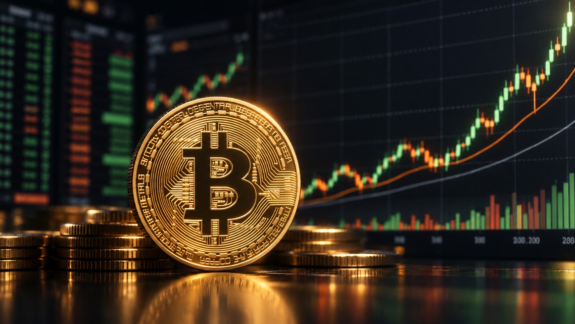 Goldene Bitcoin-Münze vor einem ansteigenden Kurschart auf dunklem Trading-Screen, als Symbol für eine mögliche starke Bitcoin-Rallye.