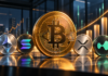 Goldene Bitcoin-Münze vor steigenden Balken als Symbol für hohe Zuflüsse in Bitcoin- und Krypto-ETFs