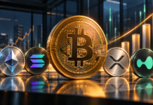 Goldene Bitcoin-Münze vor steigenden Balken als Symbol für hohe Zuflüsse in Bitcoin- und Krypto-ETFs