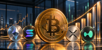 Goldene Bitcoin-Münze vor steigenden Balken als Symbol für hohe Zuflüsse in Bitcoin- und Krypto-ETFs