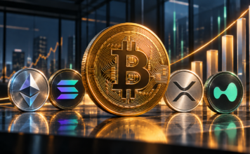 Goldene Bitcoin-Münze vor steigenden Balken als Symbol für hohe Zuflüsse in Bitcoin- und Krypto-ETFs
