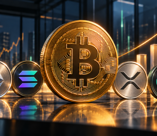 Goldene Bitcoin-Münze vor steigenden Balken als Symbol für hohe Zuflüsse in Bitcoin- und Krypto-ETFs