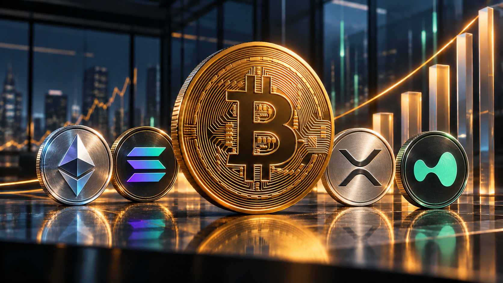 Goldene Bitcoin-Münze vor steigenden Balken als Symbol für hohe Zuflüsse in Bitcoin- und Krypto-ETFs