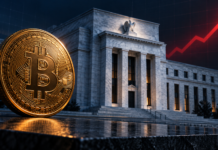 FED-Zinserhöhung fast sicher: Warum Bitcoin trotzdem steigen könnte Goldene Bitcoin-Münze vor der US-Notenbank mit rotem Pfeil für steigende Zinsen
