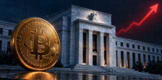 FED-Zinserhöhung fast sicher: Warum Bitcoin trotzdem steigen könnte Goldene Bitcoin-Münze vor der US-Notenbank mit rotem Pfeil für steigende Zinsen