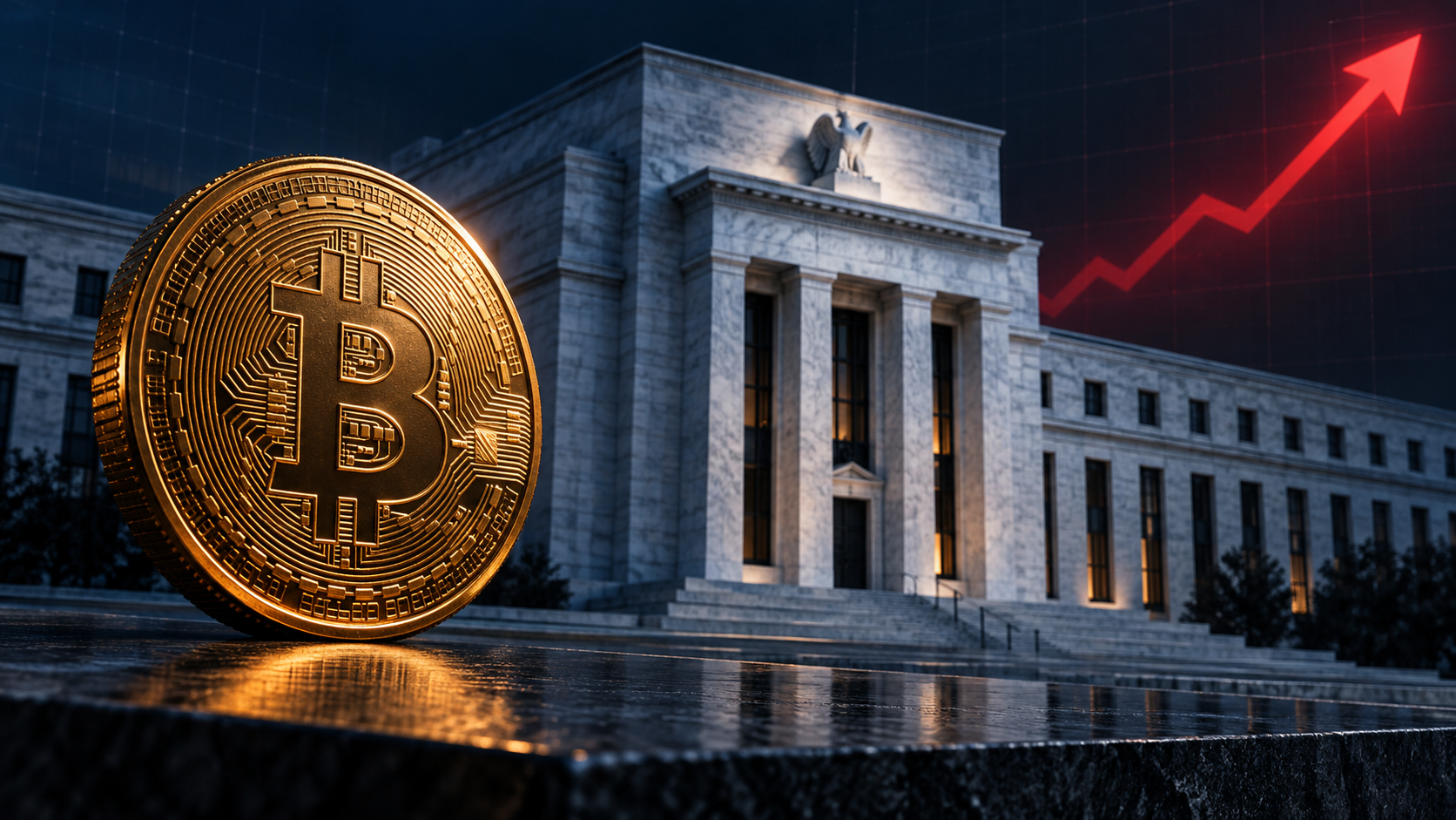 Goldene Bitcoin-Münze vor der US-Notenbank mit rotem Pfeil für steigende Zinsen