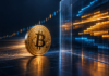 Bitcoin-Münze vor einer gläsernen Widerstandszone mit gebündelter Marktliquidität
