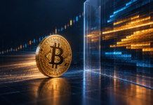 Bitcoin-Münze vor einer gläsernen Widerstandszone mit gebündelter Marktliquidität