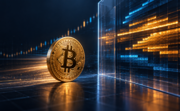 Bitcoin-Münze vor einer gläsernen Widerstandszone mit gebündelter Marktliquidität