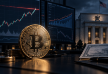 Bitcoin vor einer Kursgrafik am Widerstand sowie dem Gebäude der US-Notenbank
