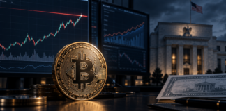 Bitcoin vor einer Kursgrafik am Widerstand sowie dem Gebäude der US-Notenbank