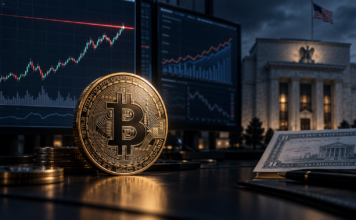 Bitcoin vor einer Kursgrafik am Widerstand sowie dem Gebäude der US-Notenbank