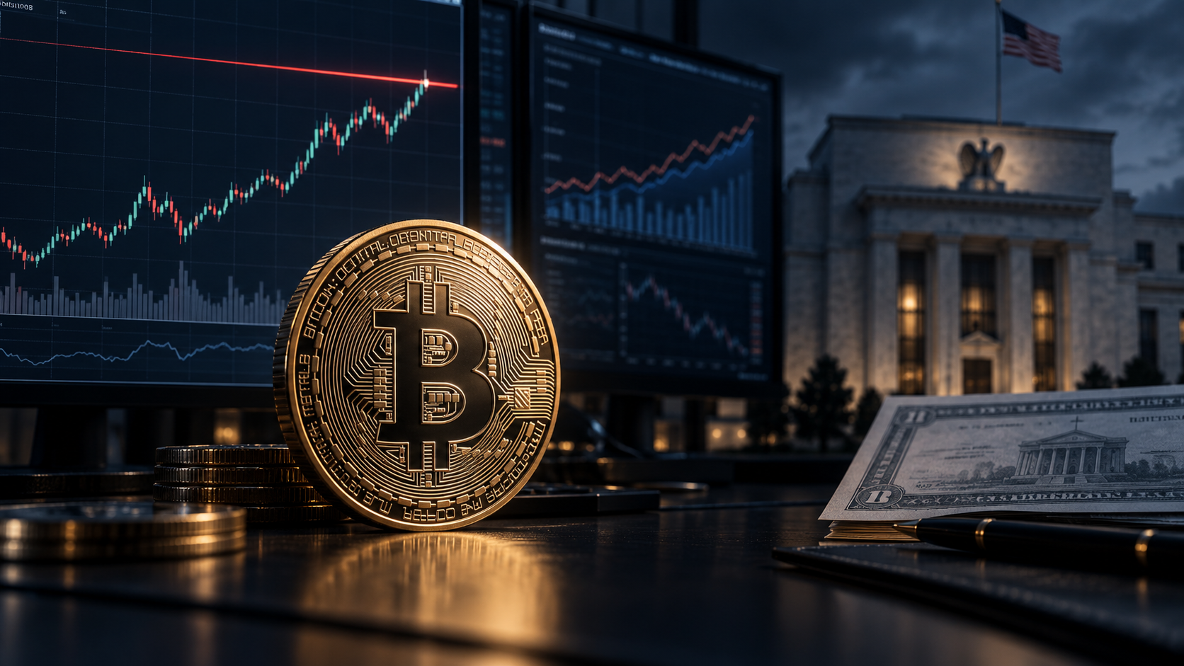 Bitcoin vor einer Kursgrafik am Widerstand sowie dem Gebäude der US-Notenbank