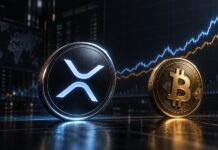 XRP- und Bitcoin-Logo vor einem Finanzchart, der XRP als möglichen Herausforderer von Bitcoin zeigt
